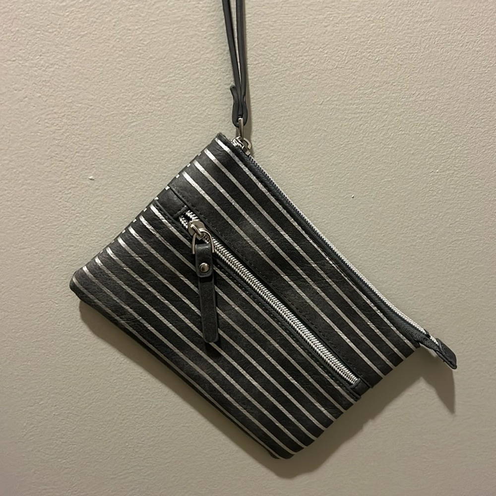 Grey and silver striped wristlet